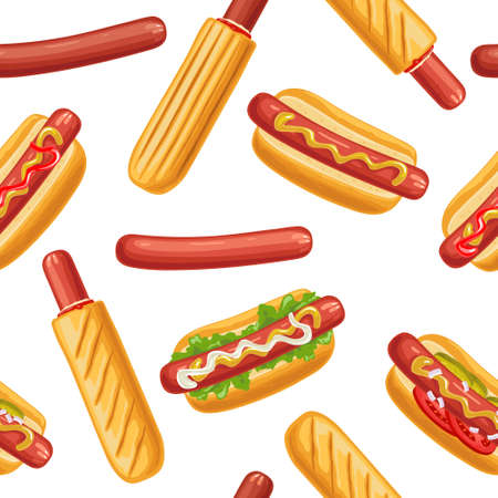 Seamless pattern 6 different types hotdog with with tomato, ketchup, mayo, leave lettuce, cucumber, mustard, onion. Vector flat color illustration isolated on white backgroundのイラスト素材