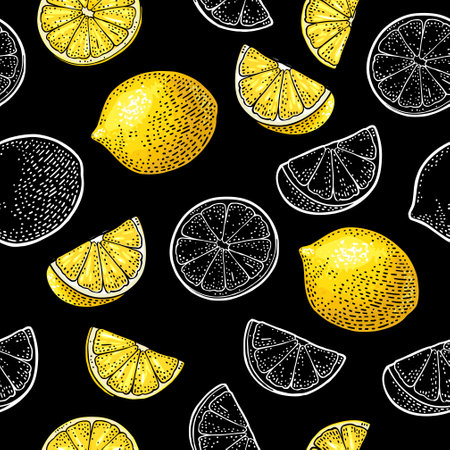 Seamless pattern fresh whole and slice lemon. isolated on the black background. Vector color hand drawn vintage engraving illustration for menu and labelのイラスト素材