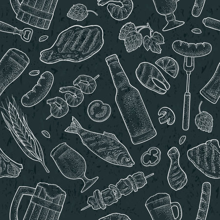 Seamless pattern beer tap, class, can, bottle and hop.のイラスト素材