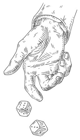 Male hand throws two white dice. Vintage vector engraving monochrome black illustration. isolated on white background. hand drawn ink designのイラスト素材