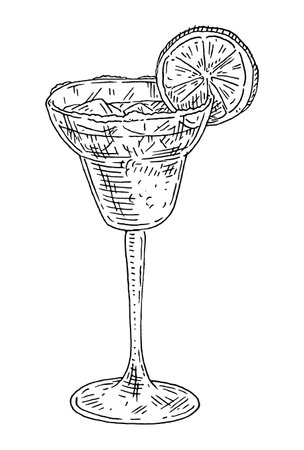 Margarita cocktail with salt and lime. Engraving vector black vintage illustration isolated on white background. hand drawn designのイラスト素材