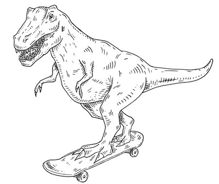 Dinosaur rides on skateboard. Engraving black vector vintage illustration isolated on white background. Design for t-shirtのイラスト素材