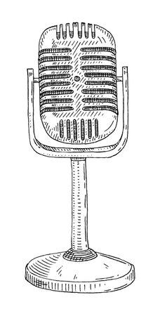 Metal microphone on a stand. front view. Vintage vector black engraving illustration isolated on white background.のイラスト素材