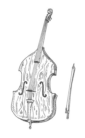 Contrabass with bow. Vector vintage black engraving illustration isolated on whiteのイラスト素材