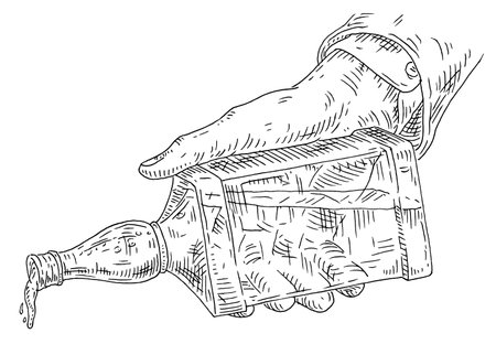 Male hand pours whiskey from bottles. Vintage vector black engraving illustration isolated on white backgroundのイラスト素材