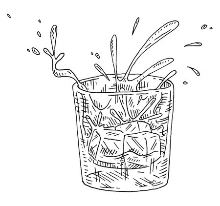 Glass whiskey with flying splash. Vintage vector black engraving illustration isolated on white backgroundのイラスト素材