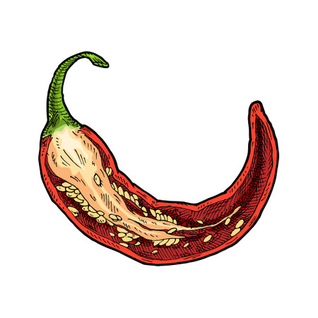 Half pepper chili. Vintage vector hatching color illustration. isolated on white background. hand drawn designのイラスト素材