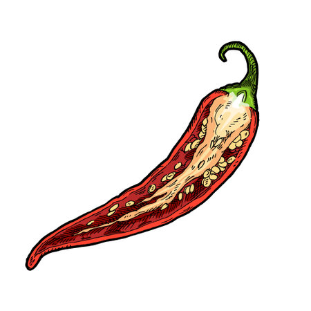 Half pepper chili. Vintage vector hatching color illustration. isolated on white background. hand drawn designのイラスト素材