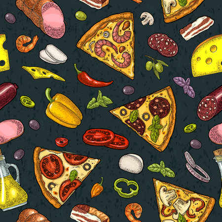 Seamless pattern slice pizza Pepperoni, Hawaiian, Margherita, Mexican, Seafood, Capricciosa with ingredients. Vintage vector engravingのイラスト素材