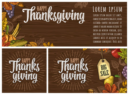 Poster with Happy Thanksgiving day calligraphy lettering. Vector engravingのイラスト素材
