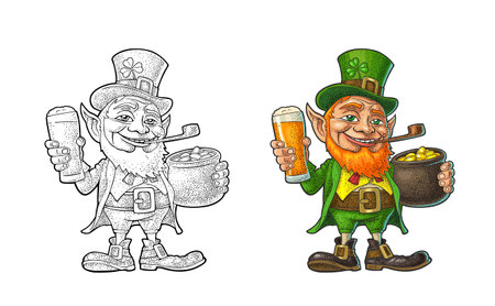 Leprechaun holding beer glass and pot of gold coins. Vector engraving.のイラスト素材