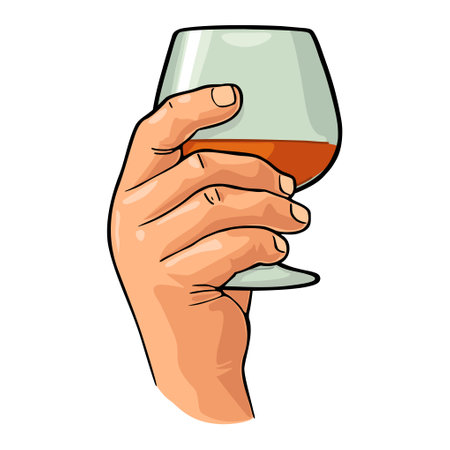 Male hand holding glass brandy. Color vector illustrationのイラスト素材