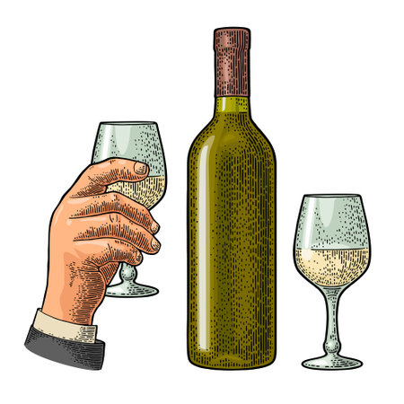 Male hand holding glass with wine. Vintage color vector engraving illustration for label, poster, invitation to party. isolated on white background.のイラスト素材