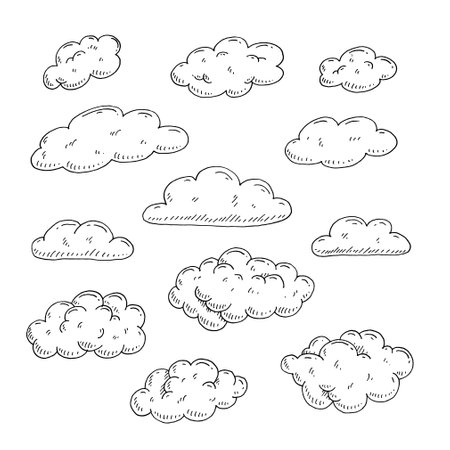 Set form of clouds. Vector color and black hand drawn vintage engravingのイラスト素材