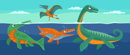 Dinosaurs swimming and flying. Vector flat illustration on panorama sea.のイラスト素材