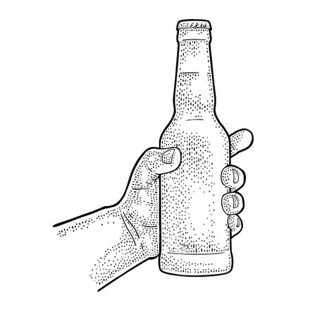 Man and woman hands holding, clinking with beer glass, bottleのイラスト素材