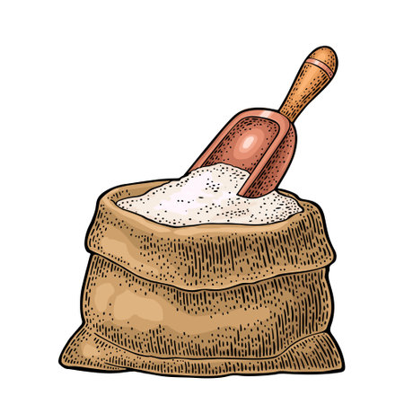 Sack with whole flour with wooden scoop. Vintage vector engravingのイラスト素材