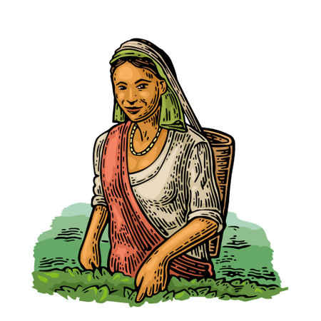 Female tea pickers harvesting leaves. Vintage color vector engravingのイラスト素材