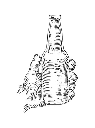 Male hand holding and clinking beer bottle. Vintage vector black engraving illustration for web, poster, invitation to party. Isolated on white background.のイラスト素材