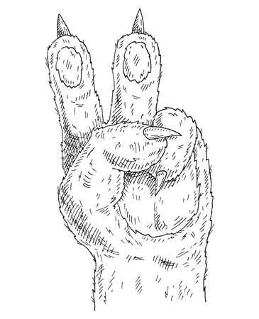 Cat paw show sign victory or peace. Vintage vector monochrome hatching illustration isolated on white background. Hand drawn design element for t-shirtのイラスト素材