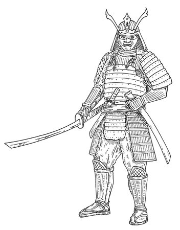 Japanese samurai with sword. Vintage vector engraving black monochrome illustration. Isolated on white background. Hand drawn design inkのイラスト素材