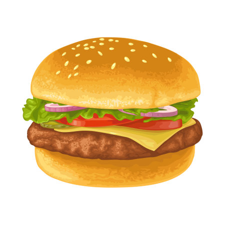 Hamburger with meat, lettuce, cheese, cucumber, onion and tomato. Vector color realistic illustration for poster, menus, brochure, web. Icon isolated on white background.のイラスト素材