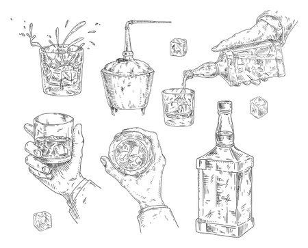 Male hand holding glass whiskey with ice cube. Top and side view. Vintage black vector engraving illustration isolated on white backgroundのイラスト素材