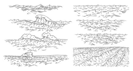 Sea waves. Vintage vector engraving monochrome black illustration. Isolated on white background. Hand drawn hatchingのイラスト素材