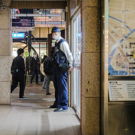 My neighborhood koban (police box i.e. mini-police-station), is usually manned by a senior citizen volunteer since the most they need to do is offer guidance to people looking for an address, have found a lost item, or in search of a lost item.Most kobans I have seen near major train stations in Yokohama,  Tokyo, and Osaka, however seemed to always have one or two on-duty officers ready to handle most inquiries and be within walking or bicycling distance of an altercation or crime.の写真素材