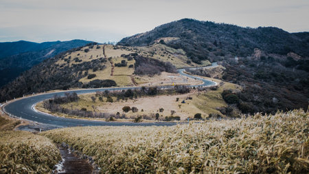 The winding Nishi-Izu Skyline toll road is a popular route for both motor and cycling enthusiasts. At the second curve, you can see the Asebigahara Parking Lot and the trail to Mt. Kodaruma, which if you keep heading north, will take you to the peak of Mt. Kinkan.の写真素材