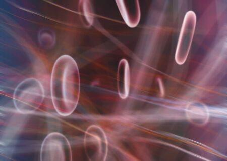 Blood cells on red backgroundの写真素材