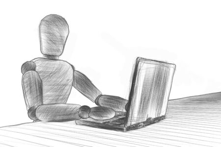 3d sketch sitting humans with laptopの写真素材