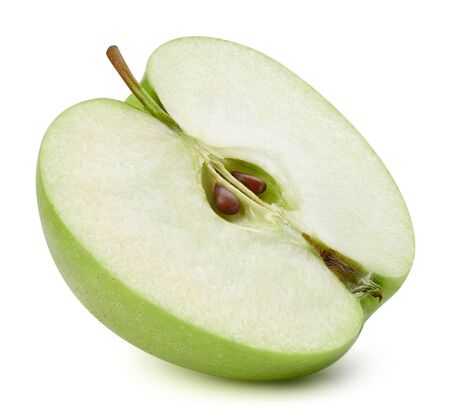 half green apple isolated on whiteの写真素材