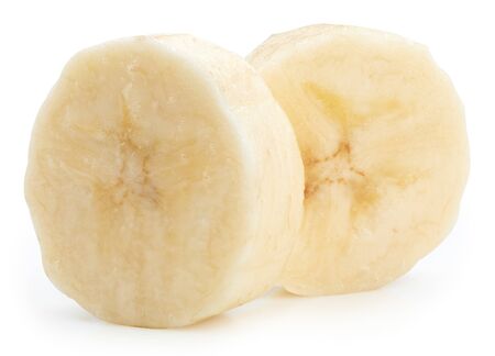 Banana slice closeup isolated on white background. Banana clipping path.の写真素材