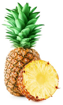 Pineapple with half isolated on white. Ripe pineapple Clipping Pathの写真素材