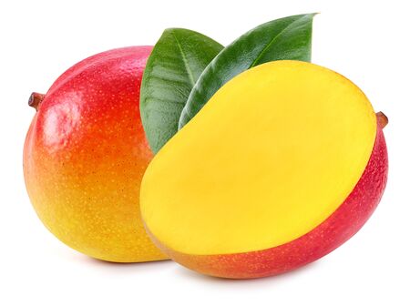 Mango with leaves isolated on white. Ripe fresh mango half Clipping Pathの写真素材