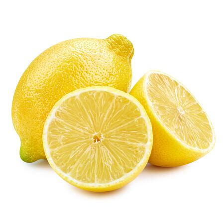 Yellow lemon citrus fruit with lemon fruit half isolated. Lemon with clipping path.の写真素材