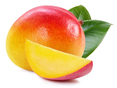 Mango with leaves isolated on white. Ripe fresh mango half Clipping Pathの写真素材