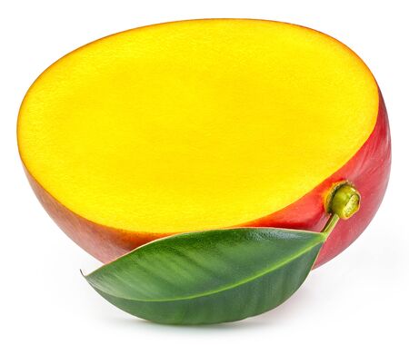 Mango isolated on white background. Ripe mango with leaves Clipping Path.の写真素材
