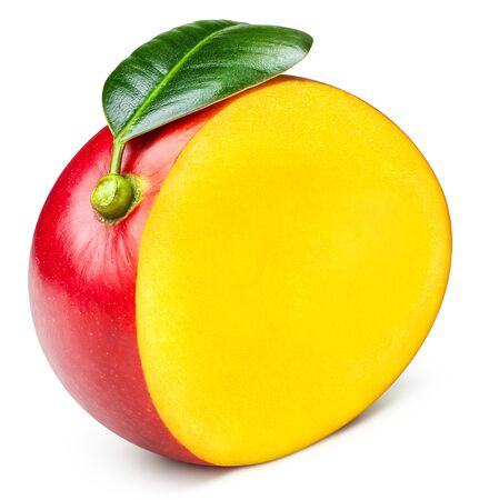 Mango isolated on white background. Ripe mango with leaves Clipping Path.の写真素材