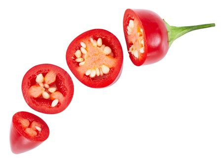 Ð¡hili pepper isolated on a white background. Pepper cut into pieces clipping pathの写真素材