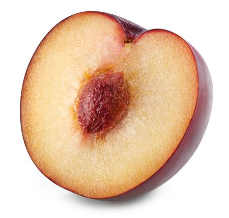 Plum half isolated on white background. Ripe plum clipping pathの写真素材