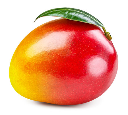 Isolated mango. Fresh organic mango with leaves isolated clipping path. Mango macro studio photo. High End Retouchingの写真素材