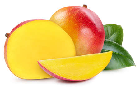 Mango isolated on white background. mango path. Mango with leavesの写真素材