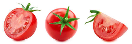 Tomato and green leaves isolated on white background.の写真素材