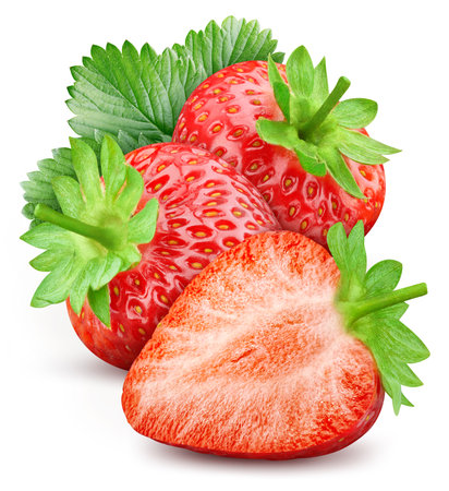 Ripe strawberry with green leaves isolated on white backgroundの写真素材