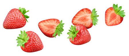 Strawberry berry with half isolated on white background.の写真素材