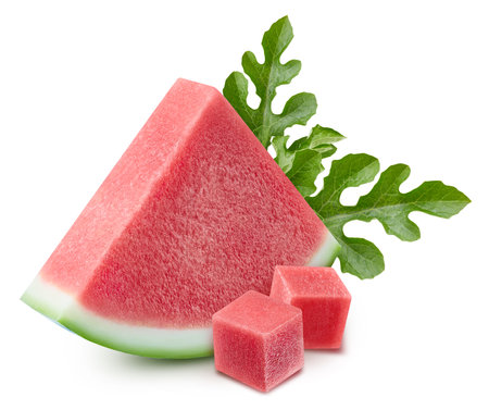 Watermelon slice with leaves. Watermelon isolated on white background.の写真素材