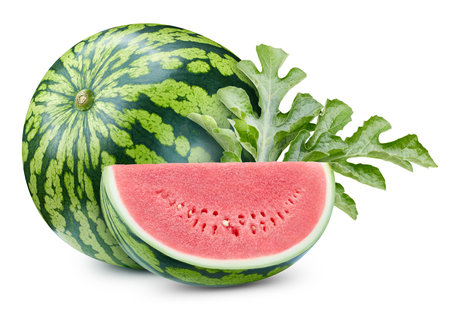 Watermelon. Watermelon isolated on white background. Watermelon with leaves. Full depth of fieldの写真素材