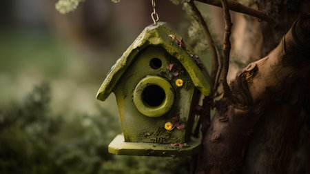 A birdhouse hanging on a tree in the garden. Selective focus. Toned.の素材